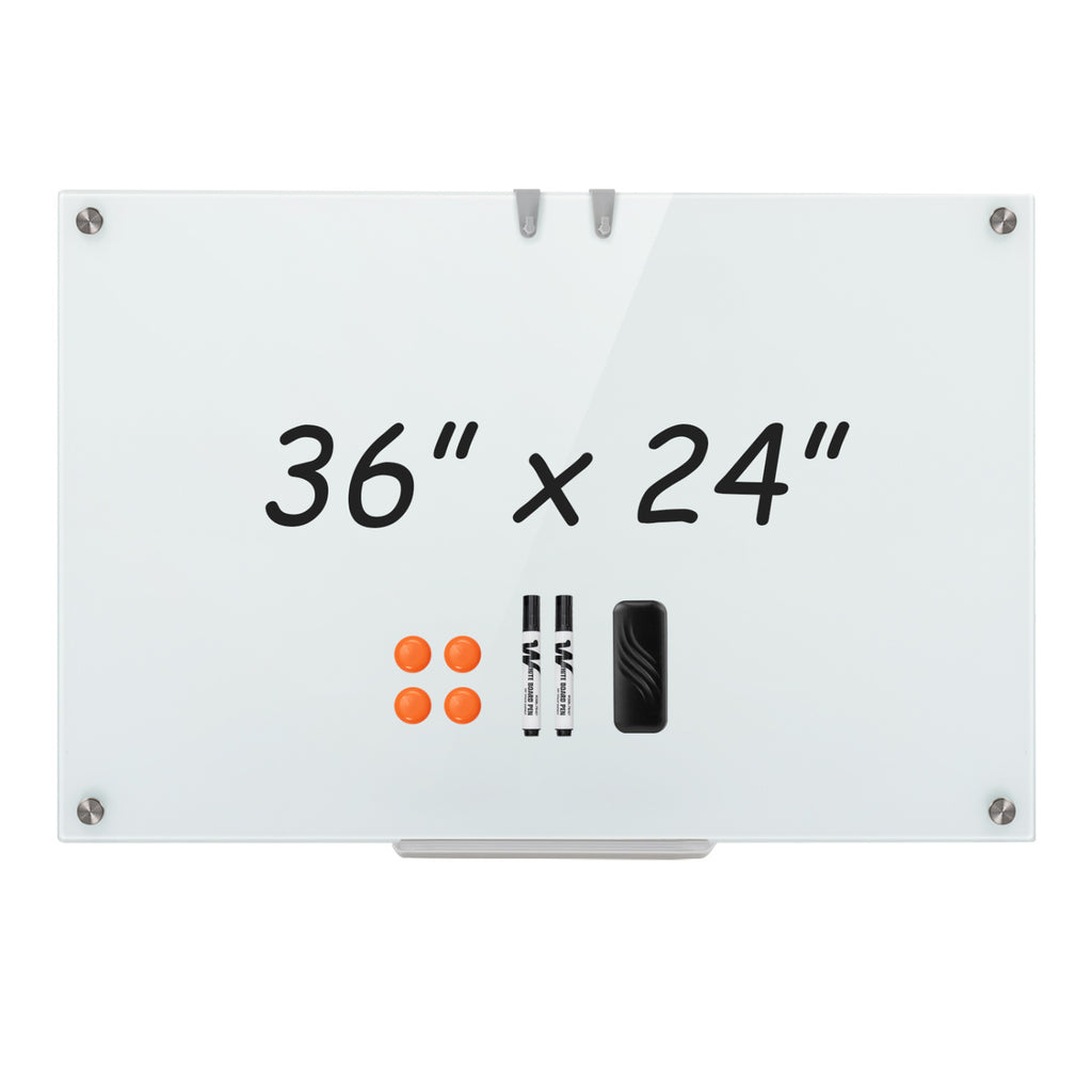 36 x 24 Inches Glass Whiteboard with Eraser and Removable Tray