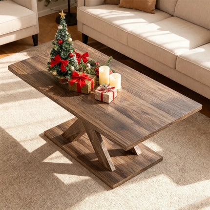 37.5 Inch Rectangular Coffee Table with Stable Base and Rubber Wood Connection for Living Room-Brown Costway