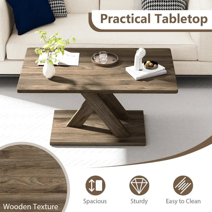 37.5 Inch Rectangular Coffee Table with Stable Base and Rubber Wood Connection for Living Room-Brown Costway
