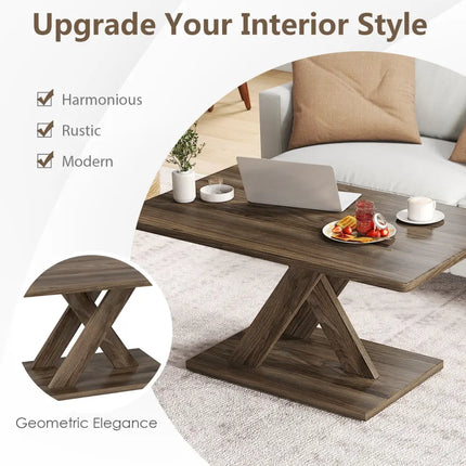 37.5 Inch Rectangular Coffee Table with Stable Base and Rubber Wood Connection for Living Room-Brown Costway
