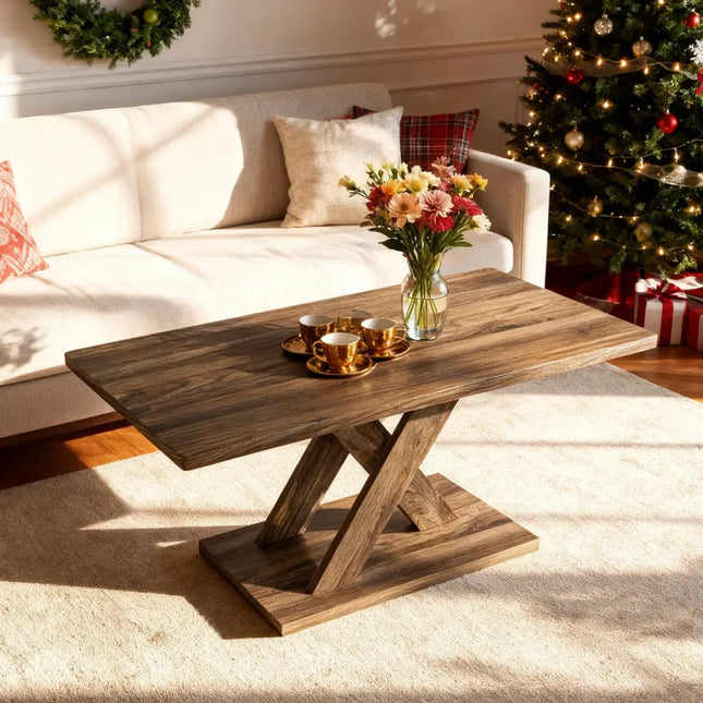 37.5 Inch Rectangular Coffee Table with Stable Base and Rubber Wood Connection for Living Room-Brown Costway