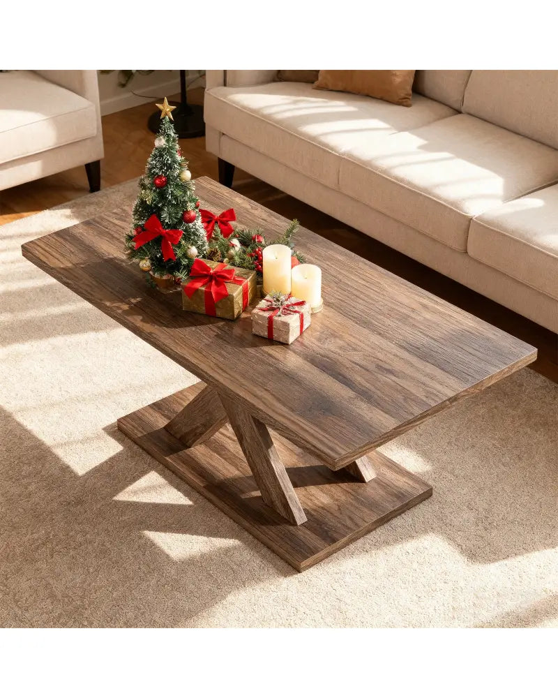 37.5 Inch Rectangular Coffee Table with Stable Base and Rubber Wood Connection for Living Room-Brown - Brown - Coffee