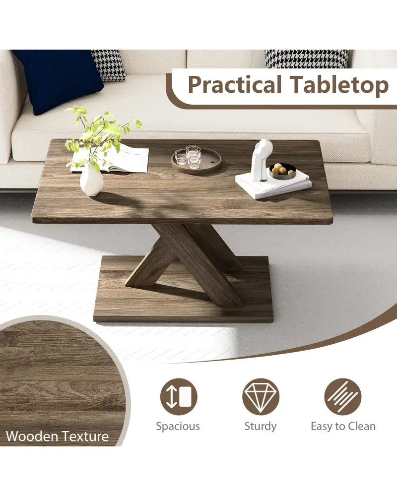 37.5 Inch Rectangular Coffee Table with Stable Base and Rubber Wood Connection for Living Room-Brown - Brown - Coffee