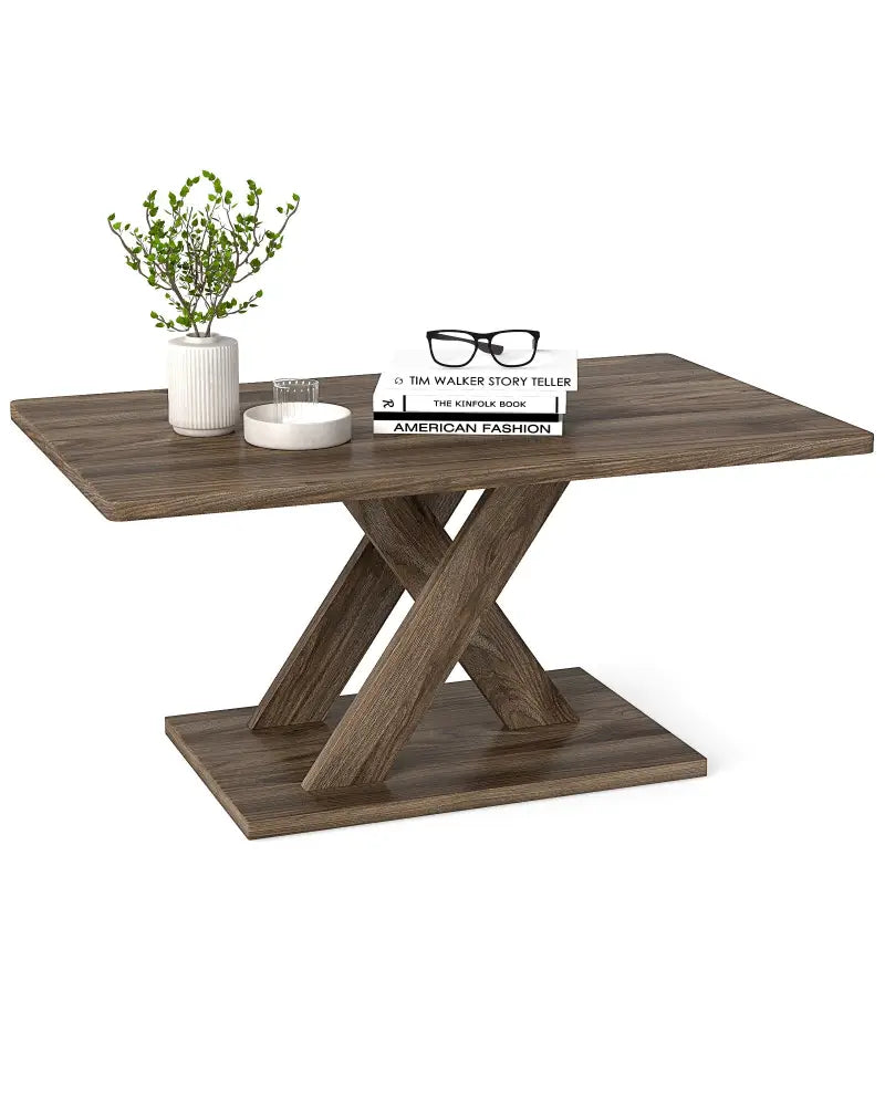 37.5 Inch Rectangular Coffee Table with Stable Base and Rubber Wood Connection for Living Room-Brown - Brown - Coffee
