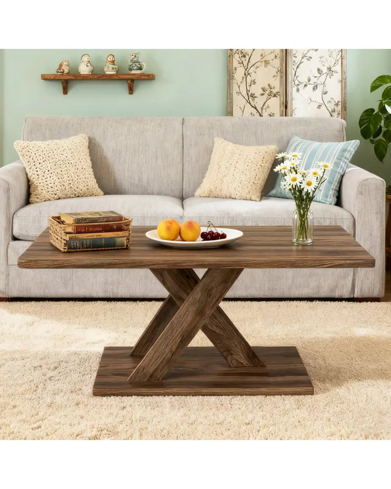 37.5 Inch Rectangular Coffee Table with Stable Base and Rubber Wood Connection for Living Room-Brown - Brown - Coffee