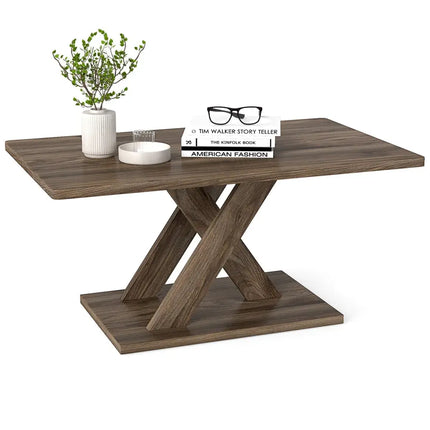 37.5 Inch Rectangular Coffee Table with Stable Base and Rubber Wood Connection for Living Room-Brown Costway