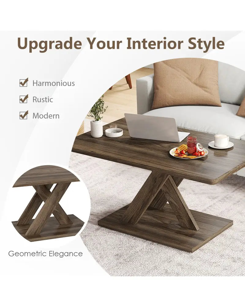 37.5 Inch Rectangular Coffee Table with Stable Base and Rubber Wood Connection for Living Room-Brown - Brown - Coffee