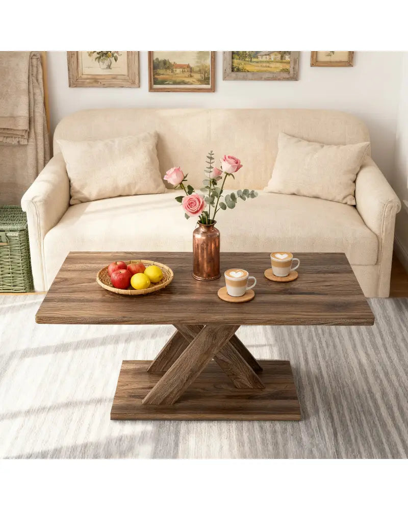 37.5 Inch Rectangular Coffee Table with Stable Base and Rubber Wood Connection for Living Room-Brown - Brown - Coffee