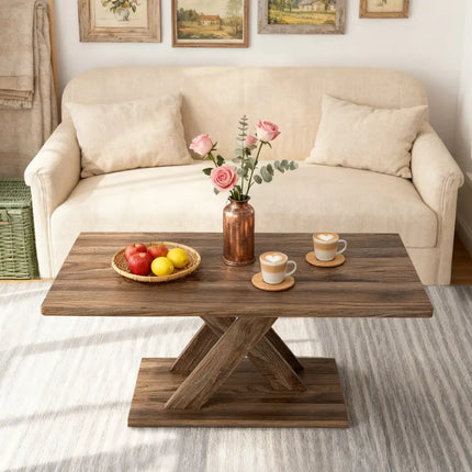 37.5 Inch Rectangular Coffee Table with Stable Base and Rubber Wood Connection for Living Room-Brown Costway
