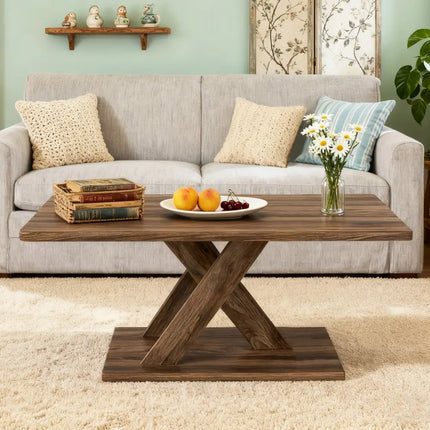 37.5 Inch Rectangular Coffee Table with Stable Base and Rubber Wood Connection for Living Room-Brown Costway