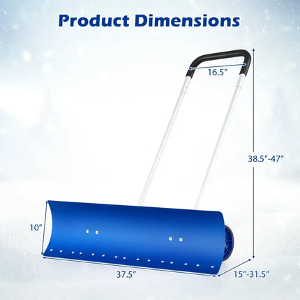 37.5 Inches Aluminum Snow Shovel with Wheels and Bi-Directional Angled Blade-Blue - Blue - Snow Removal
