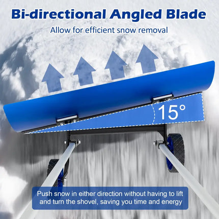 37.5 Inches Aluminum Snow Shovel with Wheels and Bi-Directional Angled Blade-Blue - Blue - Snow Removal