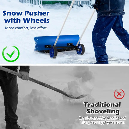 37.5 Inches Aluminum Snow Shovel with Wheels and Bi-Directional Angled Blade-Blue - Blue - Snow Removal