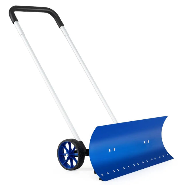 37.5 Inches Aluminum Snow Shovel with Wheels and Bi-Directional Angled Blade-Blue - Blue - Snow Removal