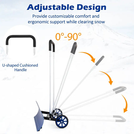 37.5 Inches Aluminum Snow Shovel with Wheels and Bi-Directional Angled Blade-Blue - Blue - Snow Removal
