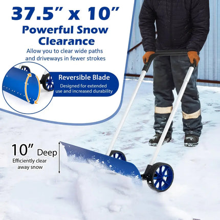 37.5 Inches Aluminum Snow Shovel with Wheels and Bi-Directional Angled Blade-Blue - Blue - Snow Removal