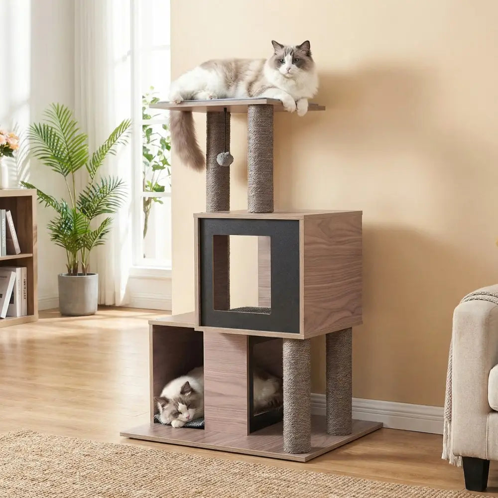 37 Inch Multi-Level Wooden Cat Tower with Condos and Perch-Gray - Gray - Cat Trees Condos & Scratchers