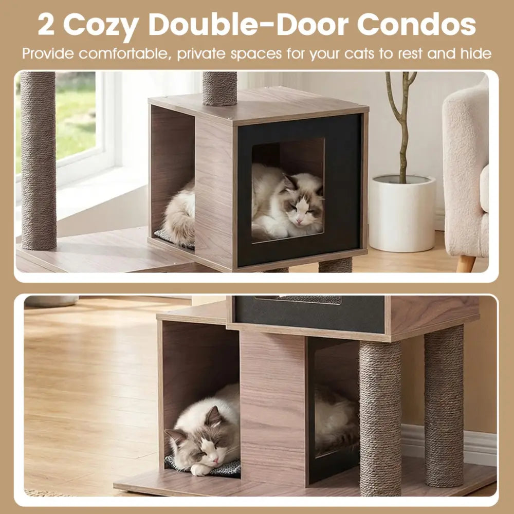 37 Inch Multi-Level Wooden Cat Tower with Condos and Perch-Gray - Gray - Cat Trees Condos & Scratchers