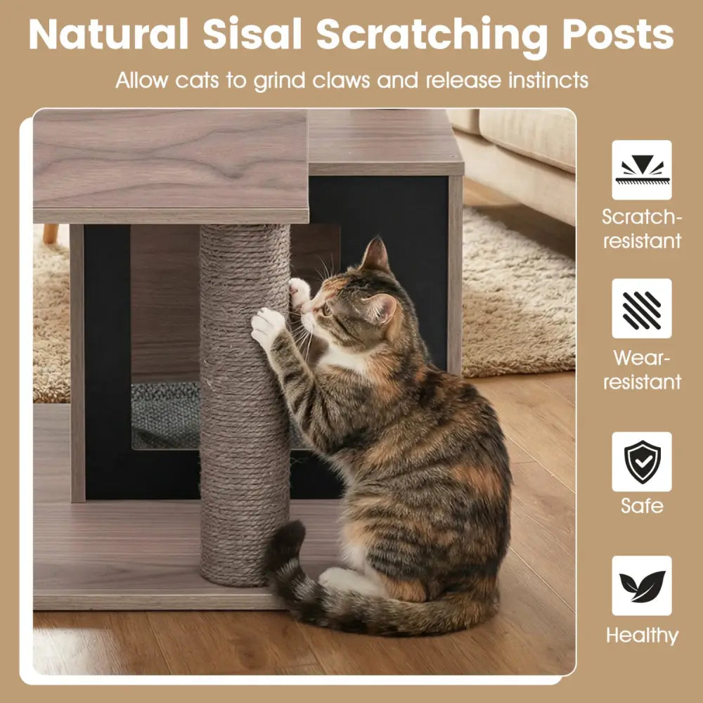 37 Inch Multi-Level Wooden Cat Tower with Condos and Perch-Gray - Gray - Cat Trees Condos & Scratchers