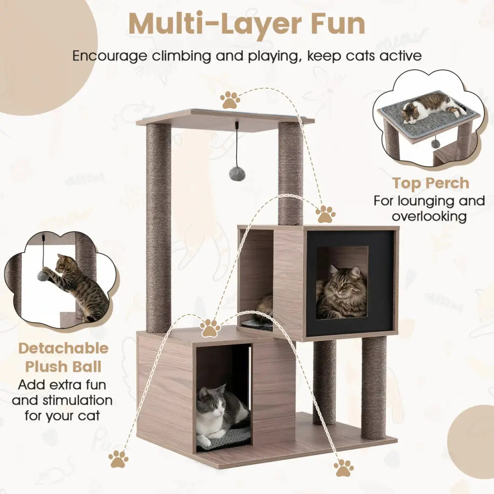 37 Inch Multi-Level Wooden Cat Tower with Condos and Perch-Gray - Gray - Cat Trees Condos & Scratchers