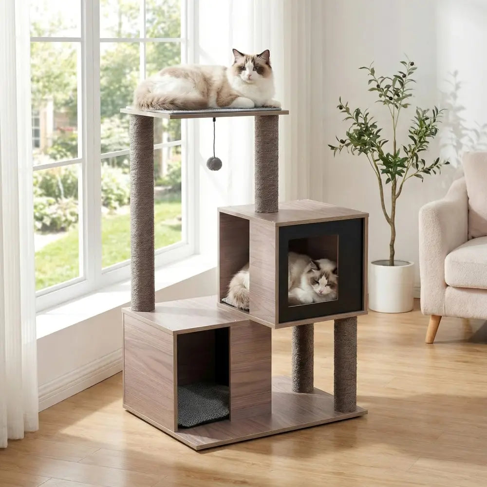 37 Inch Multi-Level Wooden Cat Tower with Condos and Perch-Gray - Gray - Cat Trees Condos & Scratchers