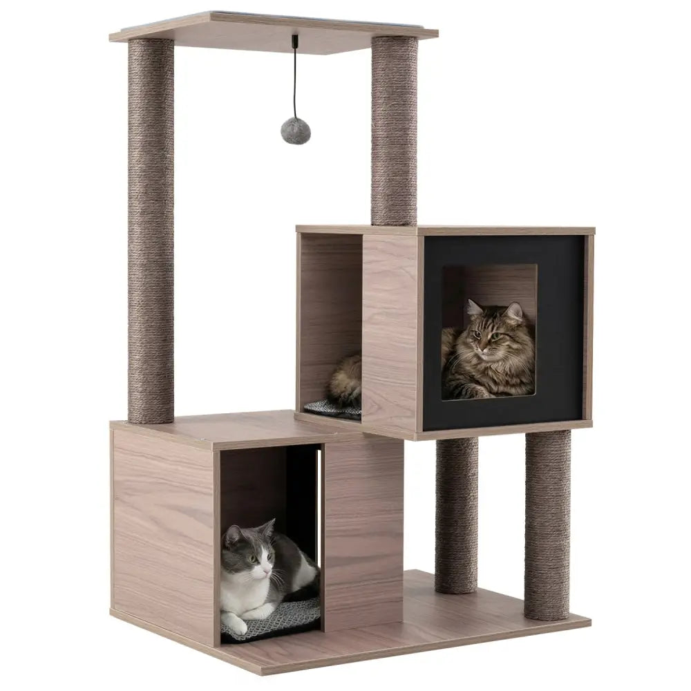 37 Inch Multi-Level Wooden Cat Tower with Condos and Perch-Gray - Gray - Cat Trees Condos & Scratchers