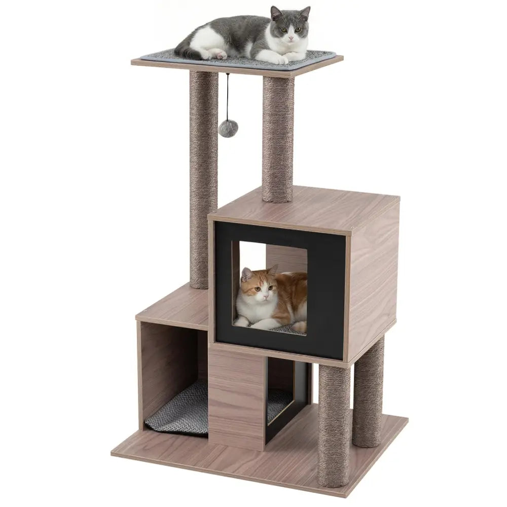 37 Inch Multi-Level Wooden Cat Tower with Condos and Perch-Gray - Gray - Cat Trees Condos & Scratchers