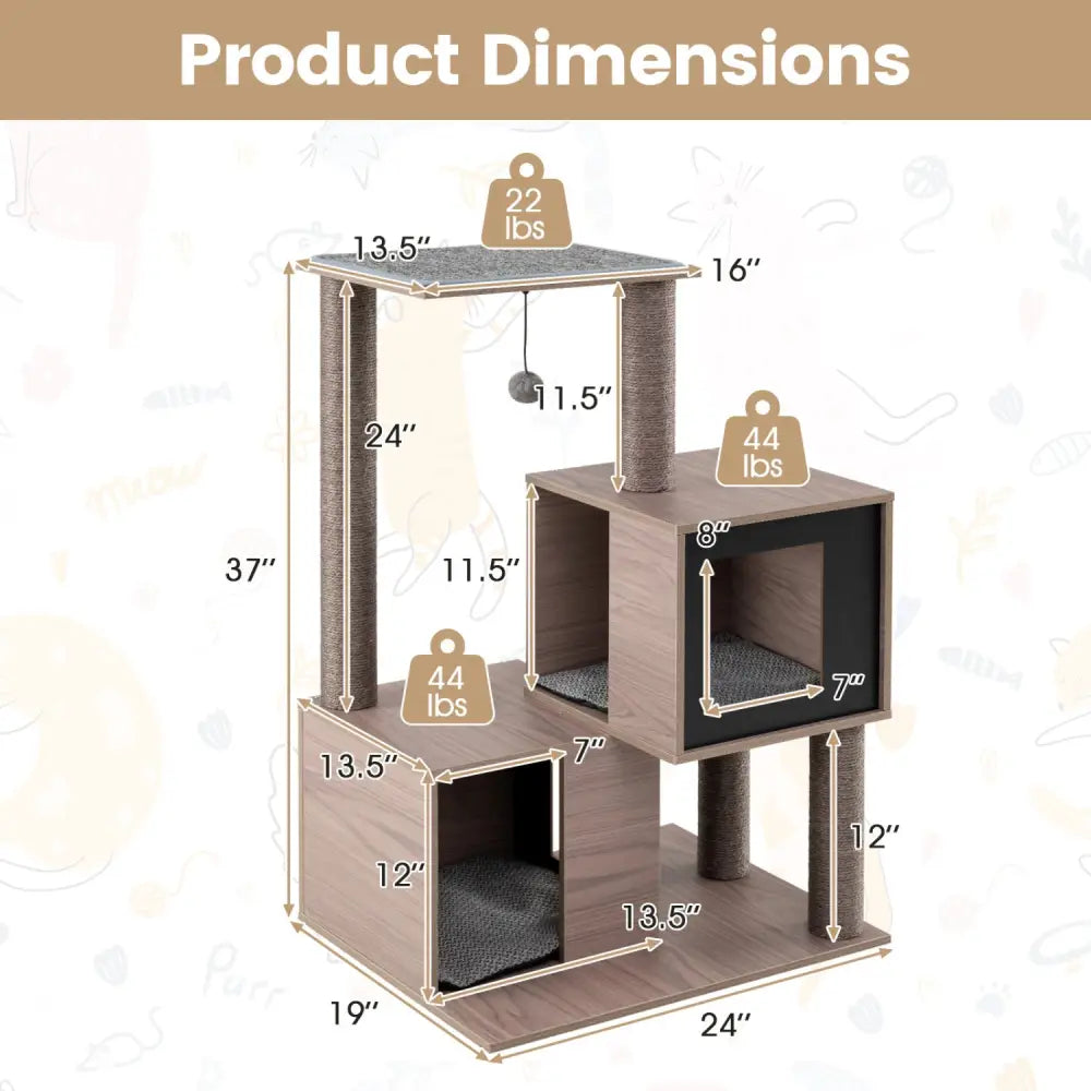 37 Inch Multi-Level Wooden Cat Tower with Condos and Perch-Gray - Gray - Cat Trees Condos & Scratchers