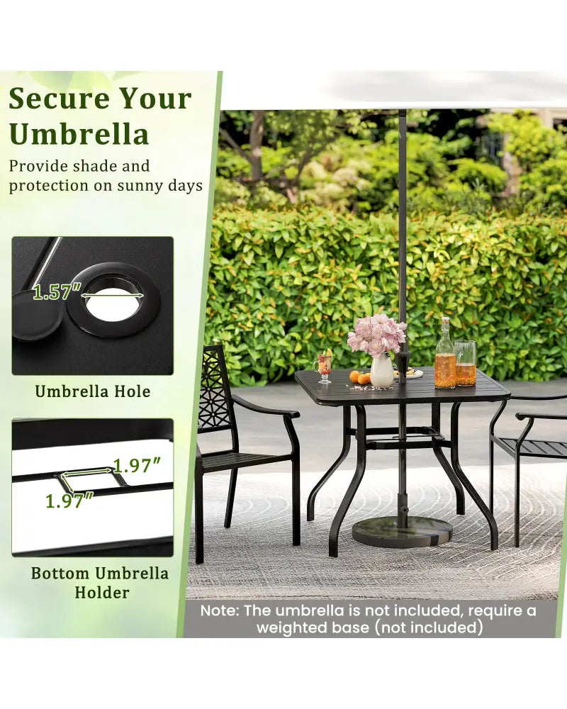 37 Inch Square Patio Dining Table with Umbrella Pole Hole - Black - Patio Dining Tables