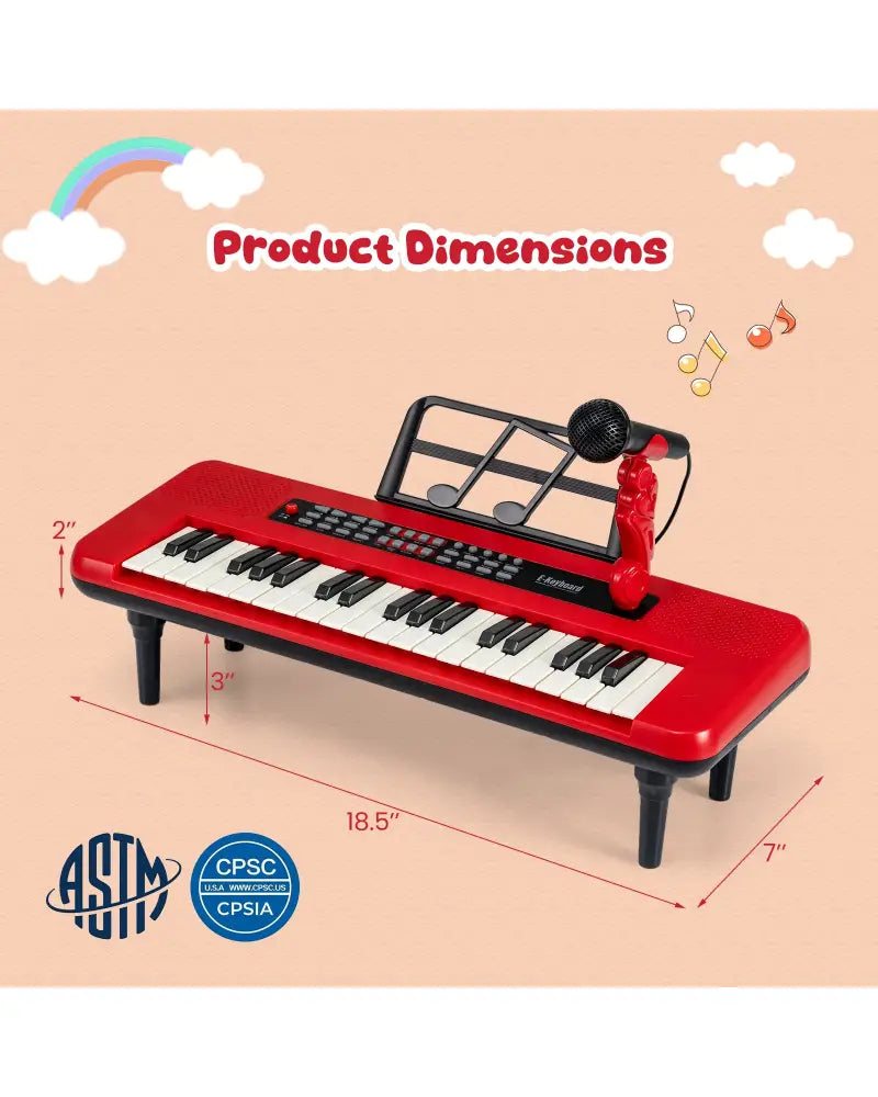 37 Keys Kids Piano Keyboard Portable Musical Toy with Microphone and Music Stand-Red - Red - Pianos & Keyboards