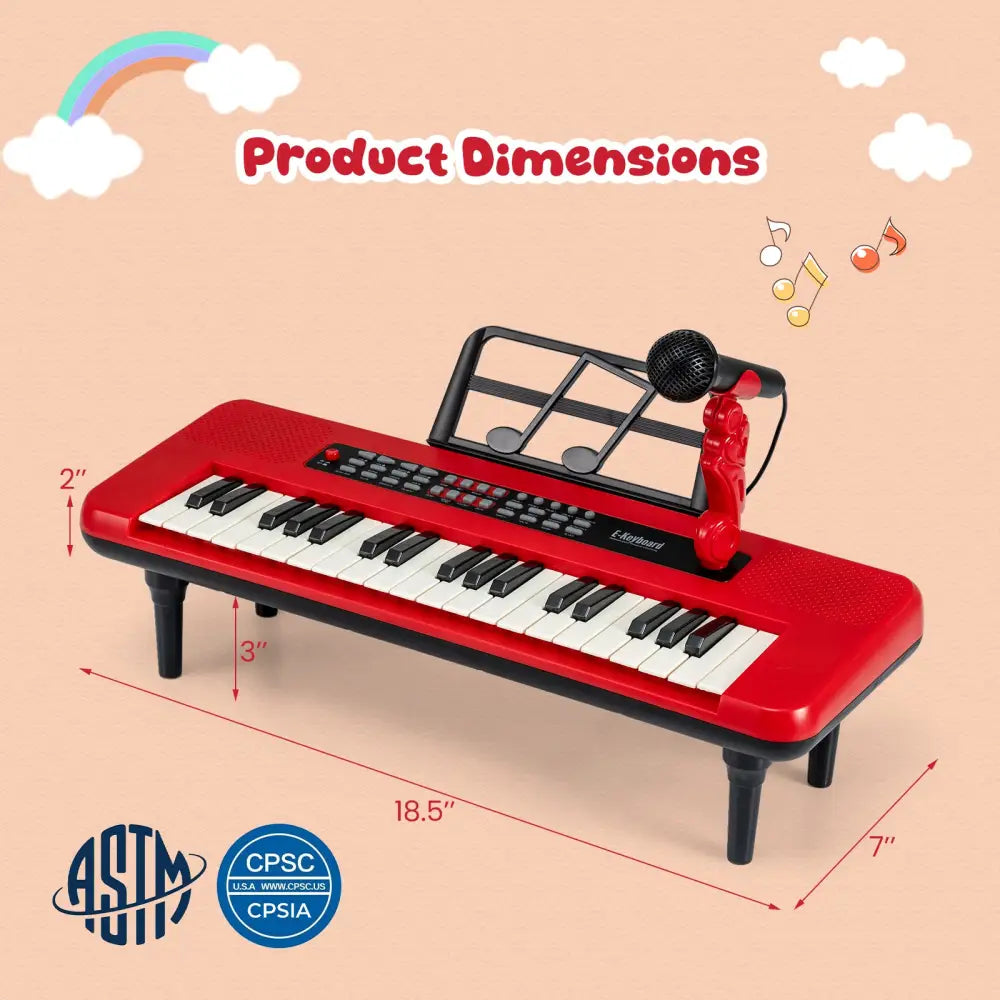 37 Keys Kids Piano Keyboard Portable Musical Toy with Microphone and Music Stand-Red - Red - Pianos & Keyboards