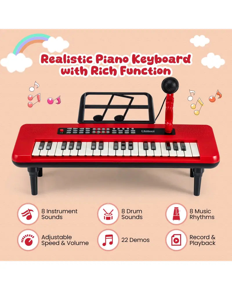 37 Keys Kids Piano Keyboard Portable Musical Toy with Microphone and Music Stand-Red - Red - Pianos & Keyboards