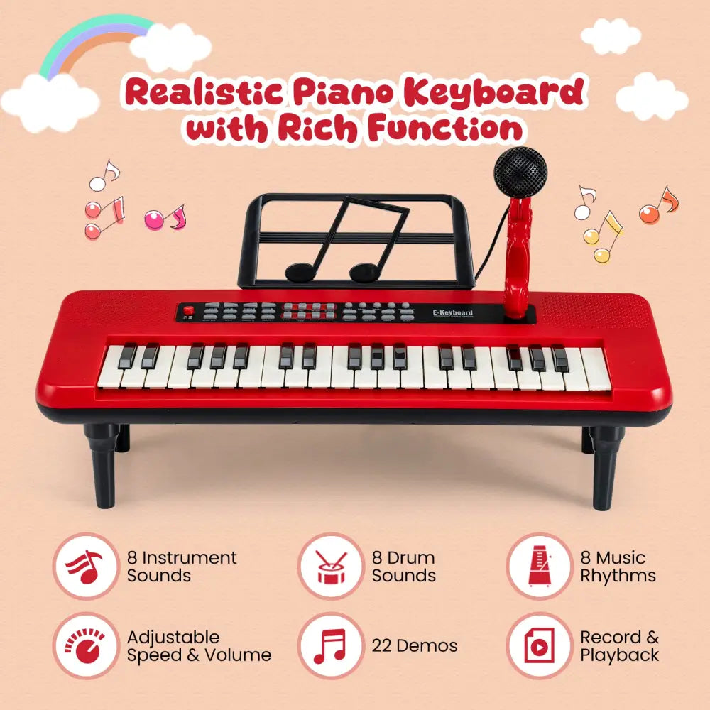 37 Keys Kids Piano Keyboard Portable Musical Toy with Microphone and Music Stand-Red - Red - Pianos & Keyboards