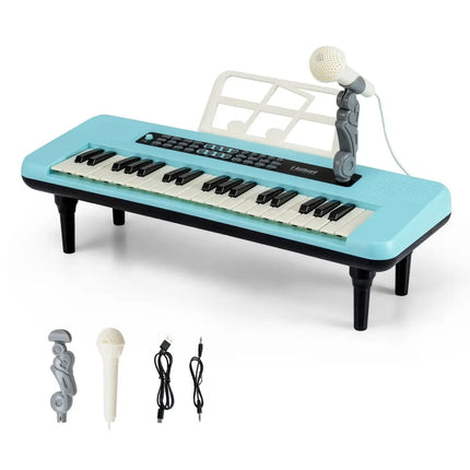 37 Keys Kids Piano Keyboard Portable Musical Toy with Microphone and Music Stand-Blue - Blue - Pianos & Keyboards
