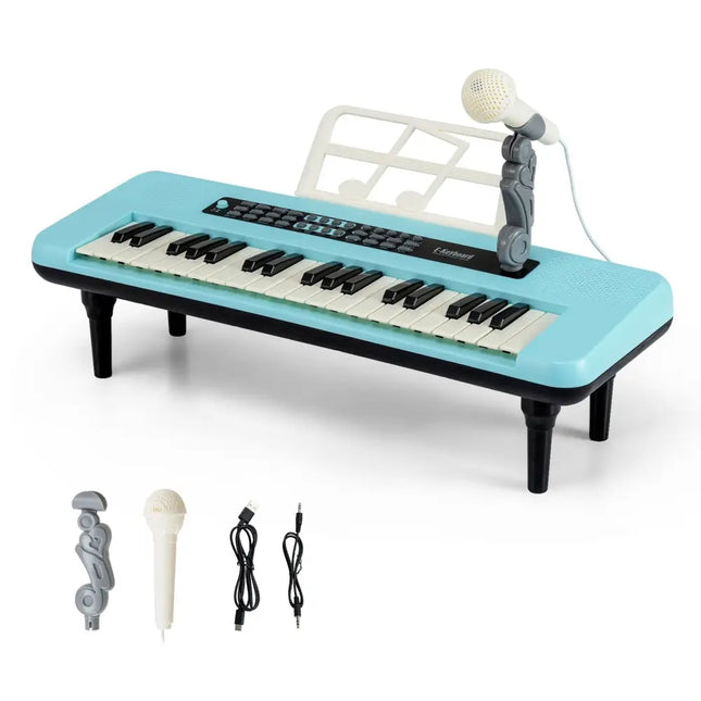 37 Keys Kids Piano Keyboard Portable Musical Toy with Microphone and Music Stand-Blue - Blue - Pianos & Keyboards
