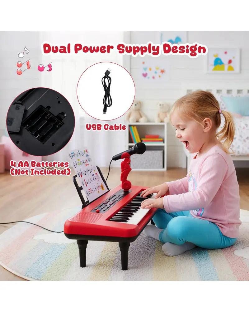 37 Keys Kids Piano Keyboard Portable Musical Toy with Microphone and Music Stand-Red - Red - Pianos & Keyboards
