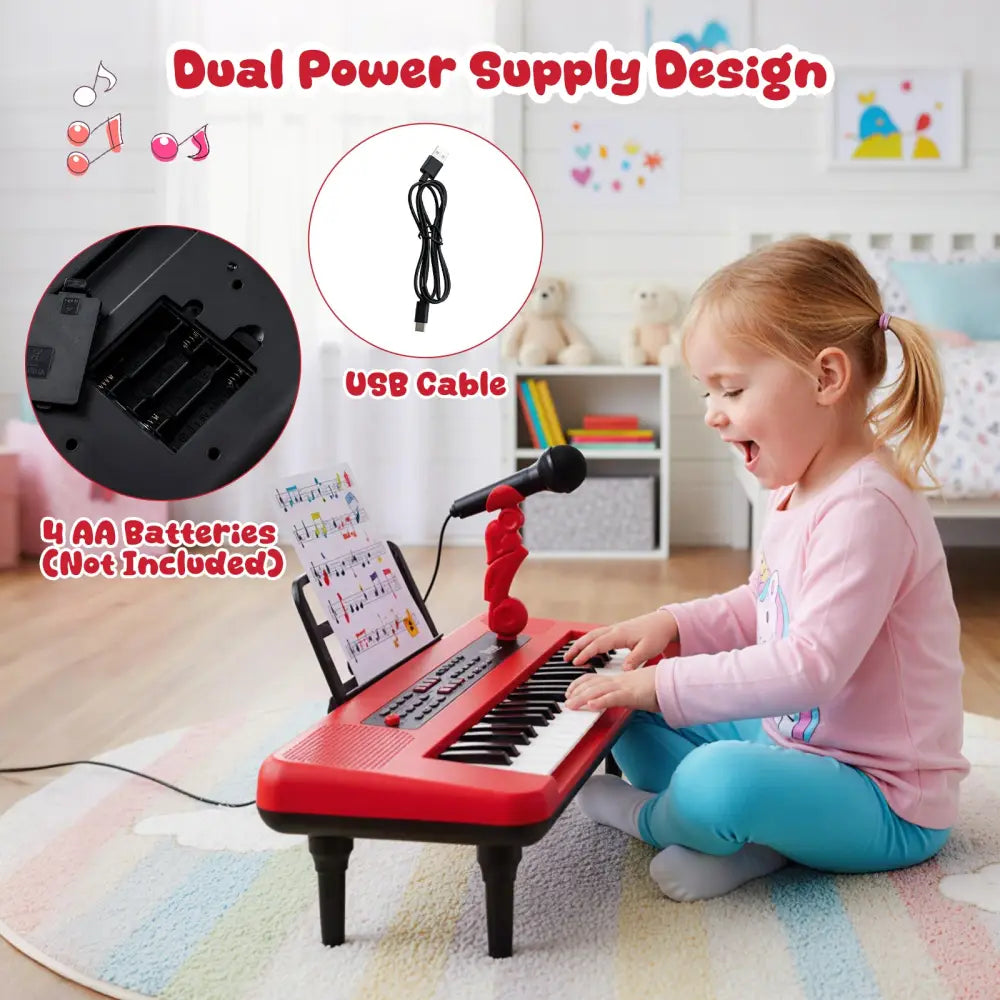 37 Keys Kids Piano Keyboard Portable Musical Toy with Microphone and Music Stand-Red - Red - Pianos & Keyboards