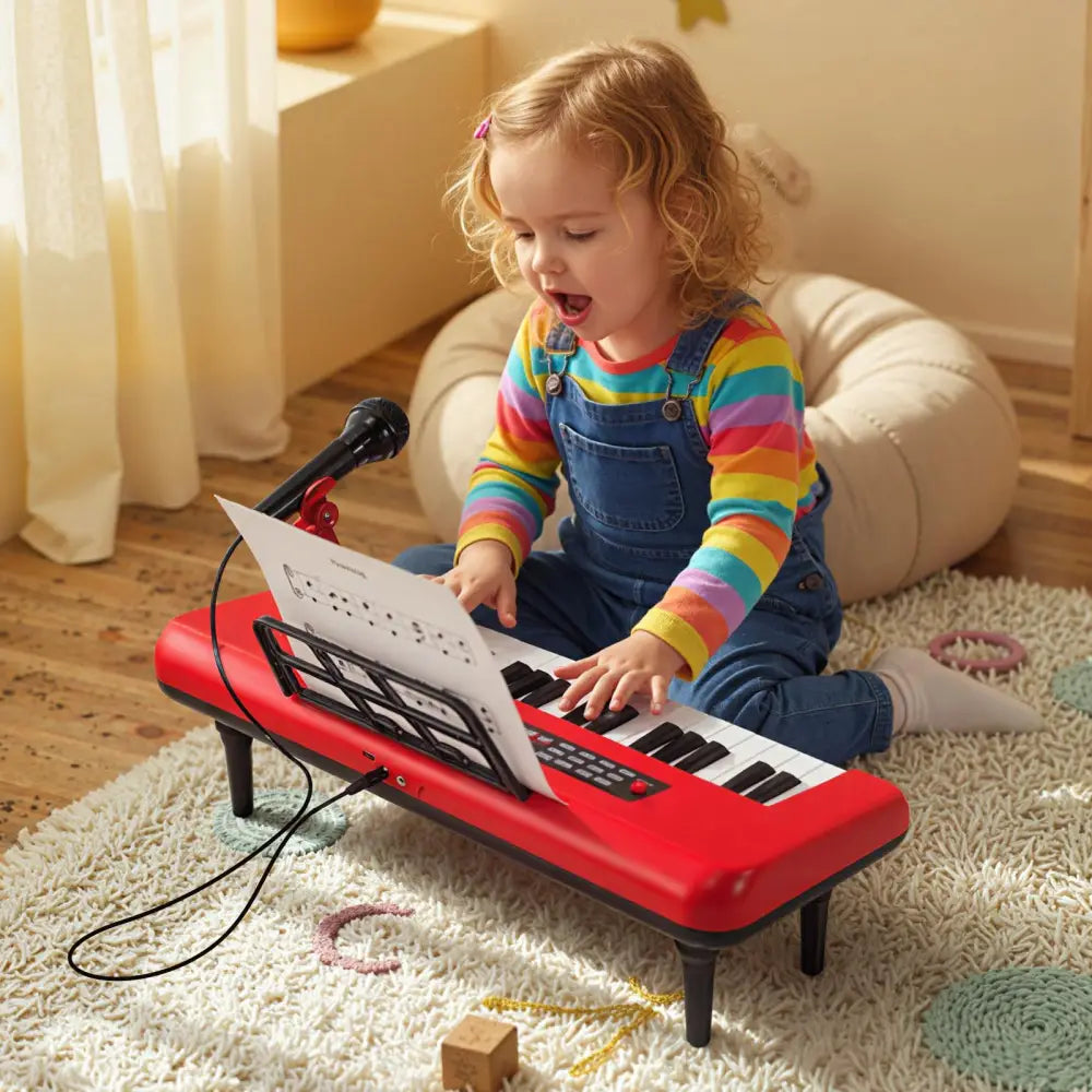 37 Keys Kids Piano Keyboard Portable Musical Toy with Microphone and Music Stand-Red - Red - Pianos & Keyboards