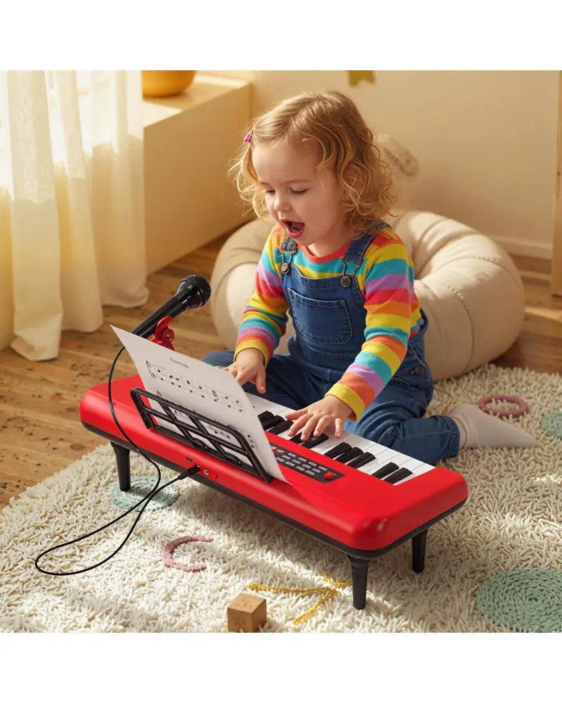 37 Keys Kids Piano Keyboard Portable Musical Toy with Microphone and Music Stand-Red - Red - Pianos & Keyboards