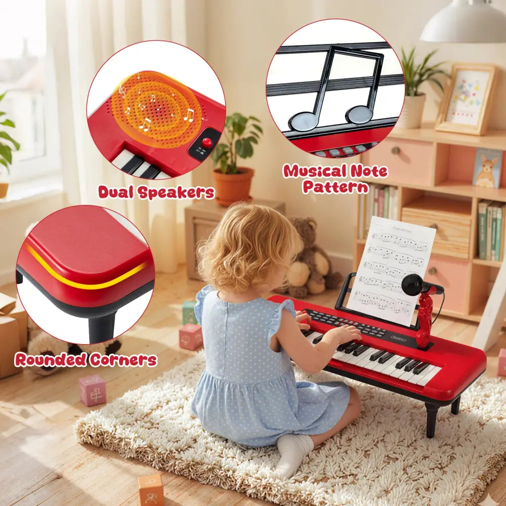 37 Keys Kids Piano Keyboard Portable Musical Toy with Microphone and Music Stand-Red - Red - Pianos & Keyboards