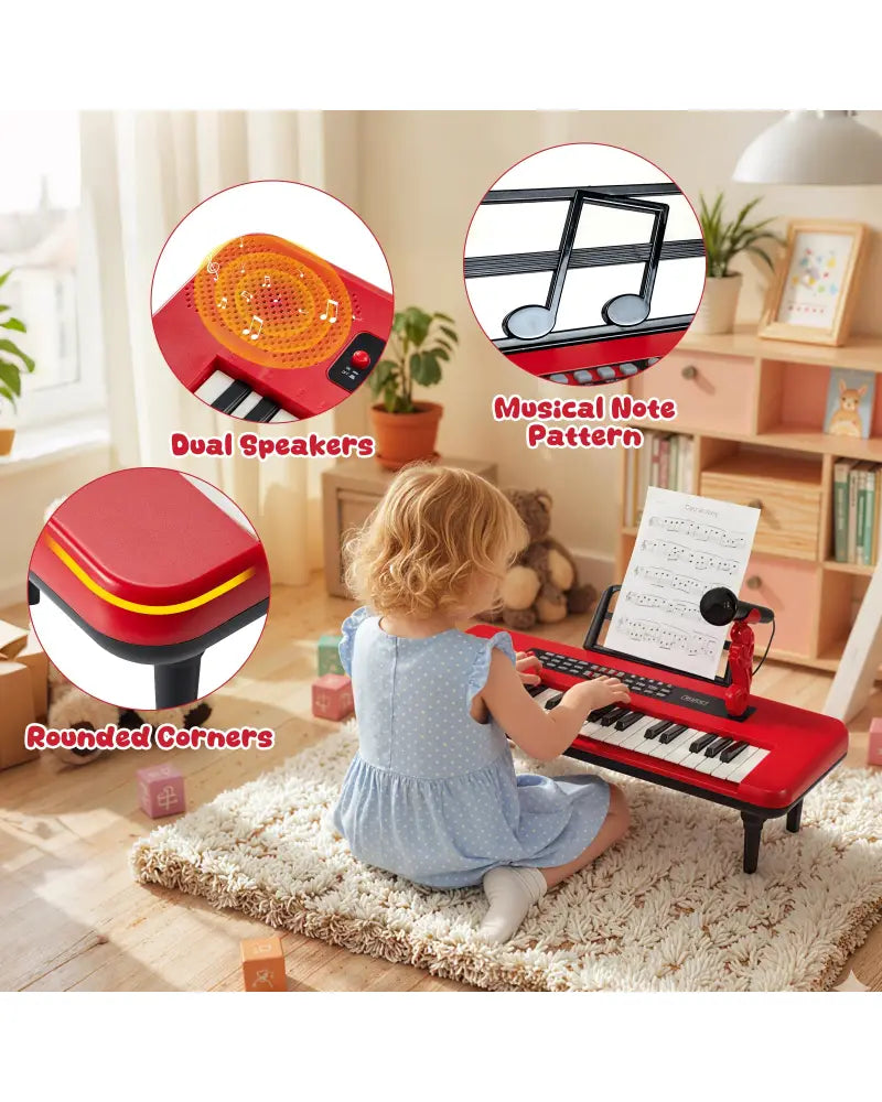 37 Keys Kids Piano Keyboard Portable Musical Toy with Microphone and Music Stand-Red - Red - Pianos & Keyboards