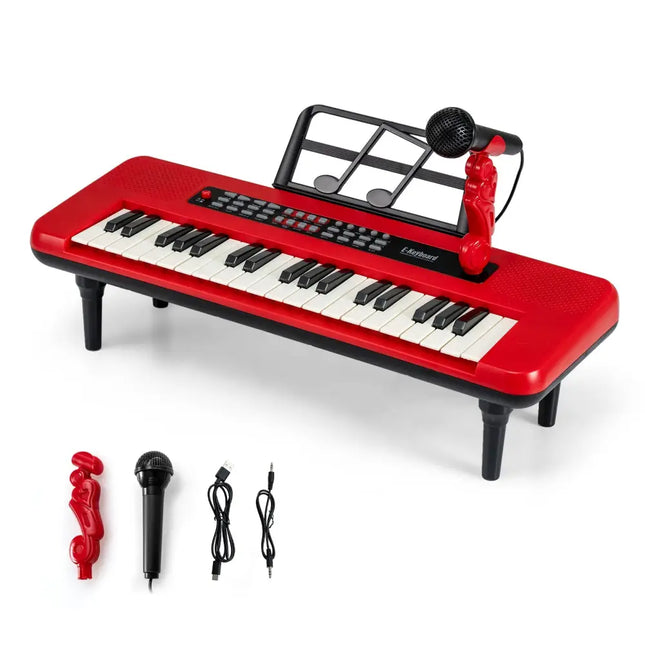 37 Keys Kids Piano Keyboard Portable Musical Toy with Microphone and Music Stand-Red - Red - Pianos & Keyboards