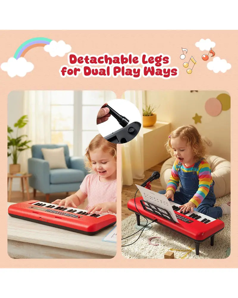 37 Keys Kids Piano Keyboard Portable Musical Toy with Microphone and Music Stand-Red - Red - Pianos & Keyboards