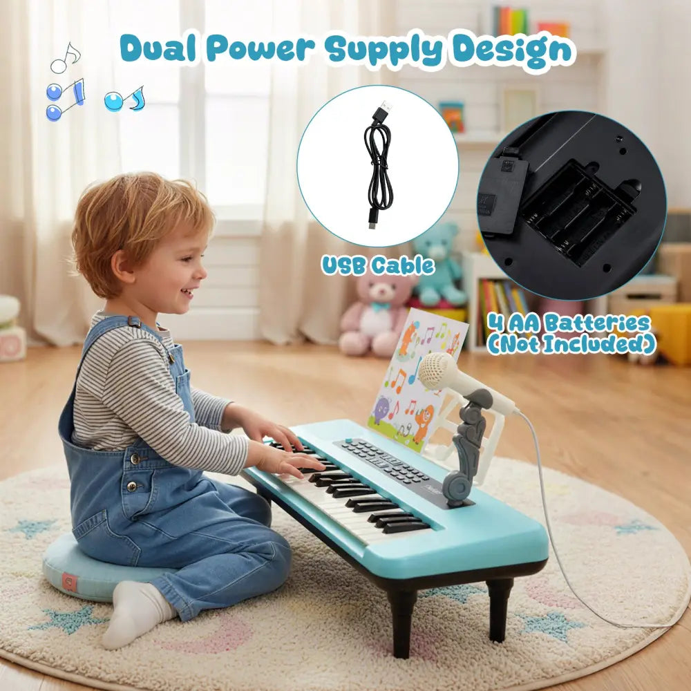 37 Keys Kids Piano Keyboard Portable Musical Toy with Microphone and Music Stand-Blue - Blue - Pianos & Keyboards