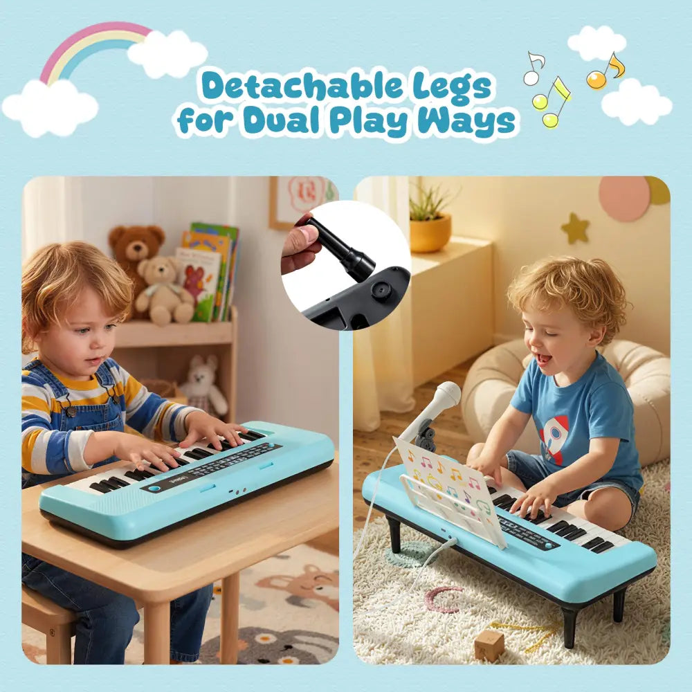 37 Keys Kids Piano Keyboard Portable Musical Toy with Microphone and Music Stand-Blue - Blue - Pianos & Keyboards