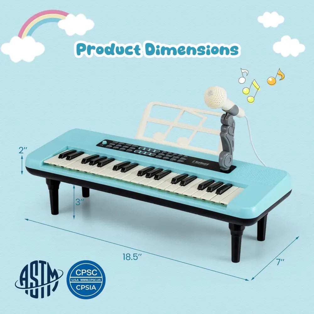 37 Keys Kids Piano Keyboard Portable Musical Toy with Microphone and Music Stand-Blue - Blue - Pianos & Keyboards
