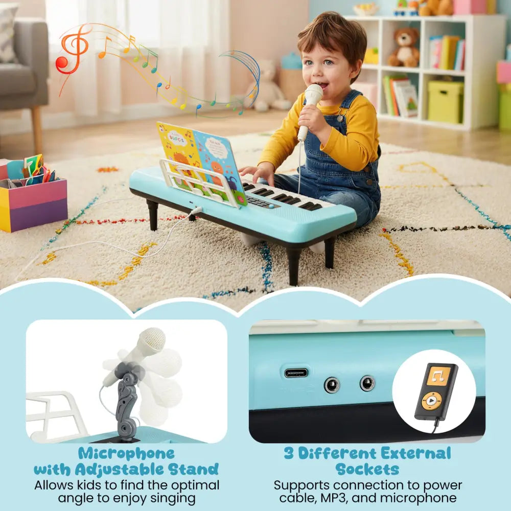 37 Keys Kids Piano Keyboard Portable Musical Toy with Microphone and Music Stand-Blue - Blue - Pianos & Keyboards