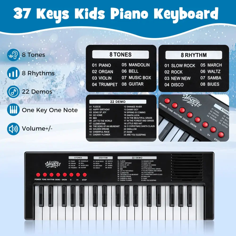 37 Keys Kids Piano Keyboard with 8 Rhythms and Microphone-Black - Black - Pianos & Keyboards