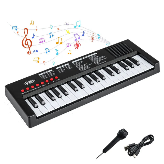 37 Keys Kids Piano Keyboard with 8 Rhythms and Microphone - Black - Oasis Home Essentials