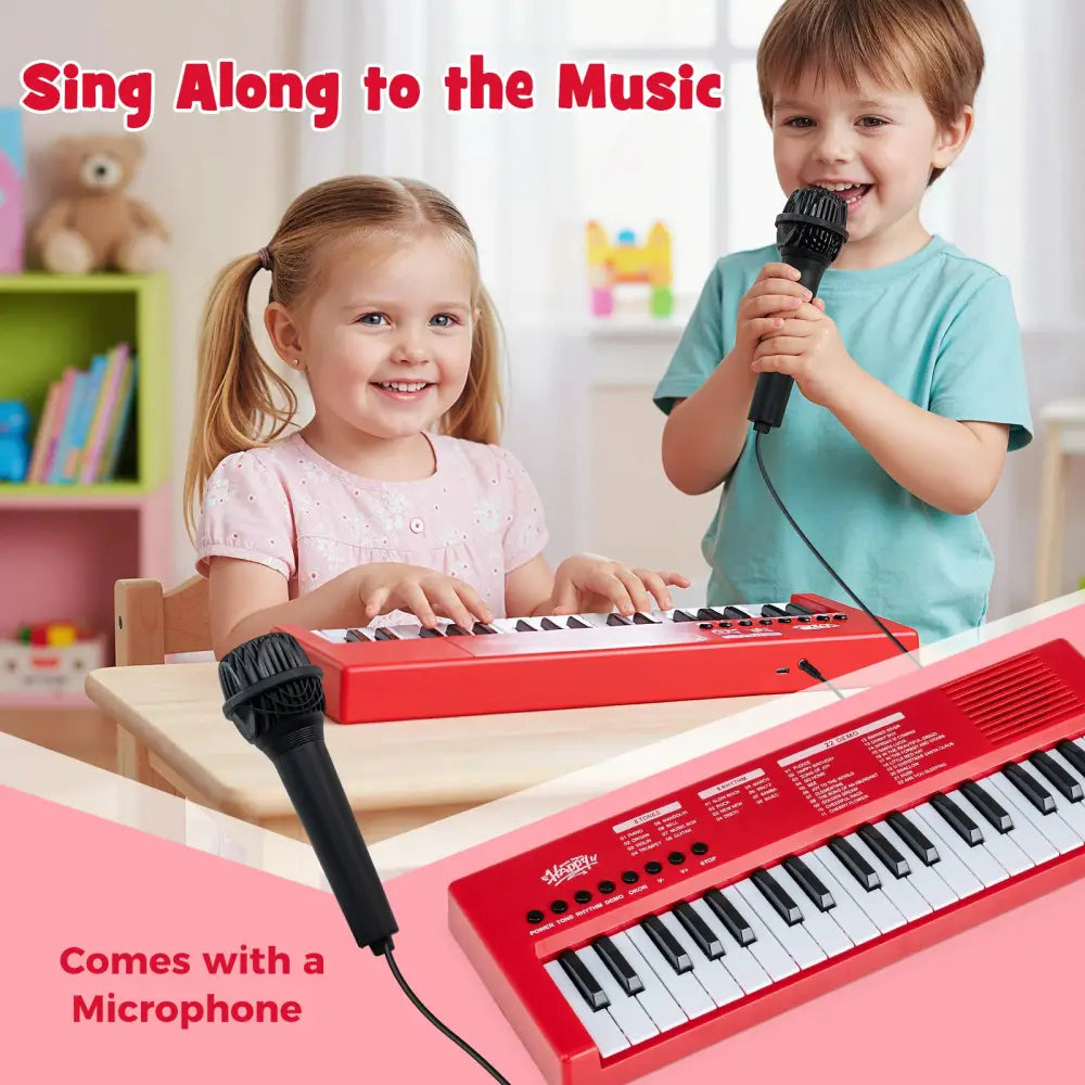 37 Keys Kids Piano Keyboard with 8 Rhythms and Microphone-Red - Red - Pianos & Keyboards